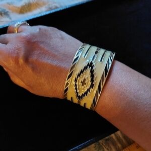 Vintage* Lucky Brand Brass & Enamel Navajo Rug Design Bangle Bracelet